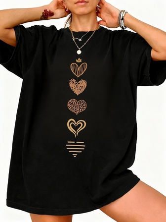 女士夏季心形图案印花圆领短袖简约休闲日常黑色T恤上衣