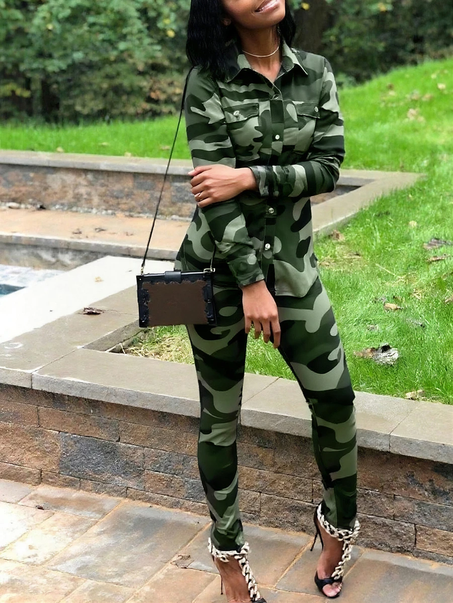 Autumn/Winter European & American Fashion Metal Button Cardigan, Camouflage Print Slim Fit Street Style Long Sleeve Jacket & Slim Fit Stretch Camo Print Pants Set