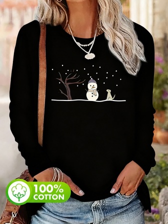 Women's Black Plus Size 100% Cotton Autumn Retro Christmas Snowman Round Neck Simple Casual Everyday Top, Dead Tree, Snowman And Animal Pattern Printed Women's Top, Full Of Christmas Atmosphere Pattern Printed Women's Long-Sleeved T-Shirt, Falling Snowflake Pattern Printed Long-Sleeved T-Shirt Top