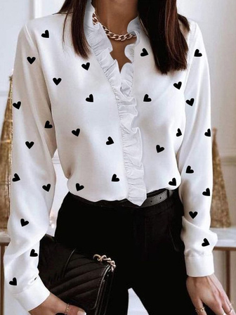 Women's Ruffle V-Neck Heart Print Long Sleeve Blouse