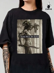 女式夏季美杜莎和英仙座头像印花圆领短袖简约休闲日常黑色加大码T恤上衣 - 黑色 - 查看 1