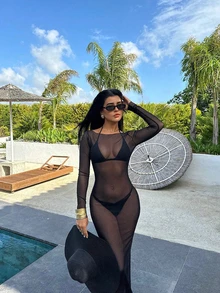 女士性感紧身网眼透视露肩长袖连衣裙，夏季 - 黑色 - 查看 5