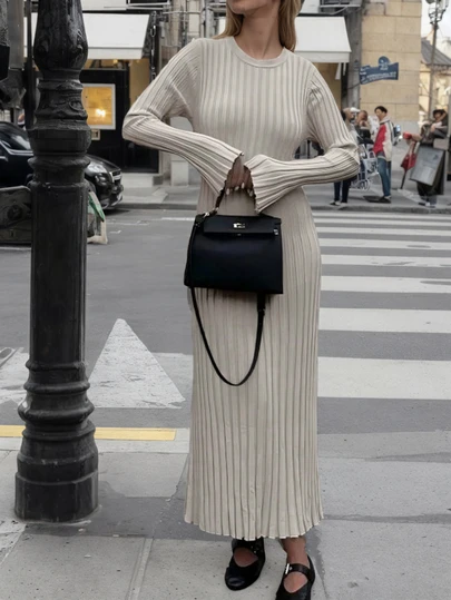 2025 秋冬新品女士优雅长袖圆领罗纹灰杏色纯色毛衣裙长款中长弹力日常穿着简约百搭风格