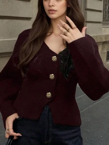 Women's Casual Slim Fit Solid Color V-Neck Drop Shoulder Metal Button Hem Slit Long Sleeve Knit Cardigan Loose Outerwear, Spring/Summer/Autumn - Burgundy - View 5