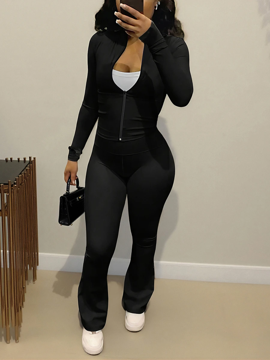 Women Autumn Winter European Style Fashion Cardigan & Zipper Tight Top & Wide Leg Pants 3pcs/Set