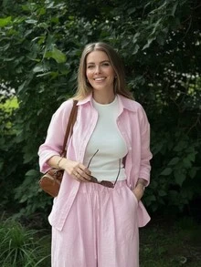 女式长袖上衣和阔腿裤两件套，休闲优雅装扮，梭织面料，舒适，可机洗，经典时尚，简约风格，适合休闲、通勤、度假、约会之夜、海滩、婚礼、花园、街头 - 粉色 - 查看 2