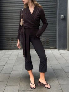 女士街头休闲简约落肩系带开衫，长袖上衣，复古富贵风格商务休闲女装工作服，宽松休闲开衫，百搭秋季女装，圣诞新年必备 - 酒紅色 - 查看 3