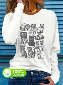 Women's White Autumn Retro Tattoo Cat Round Neck Simple Casual Daily Top, Eleven Cute Kittens Pattern Printed Women's Top, Cute Kitten Pattern Printed Women's Long-Sleeved T-Shirt, Cat Lover Gift Long-Sleeved T-Shirt Top - White - View 1