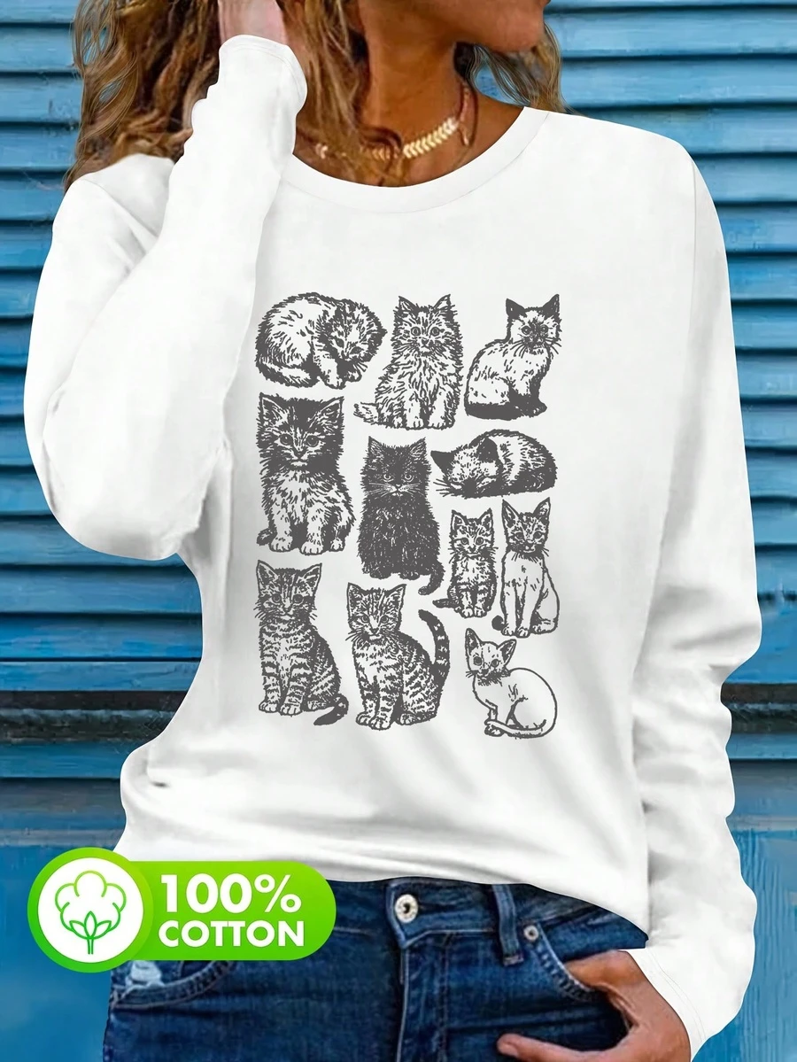 Women's White Autumn Retro Tattoo Cat Round Neck Simple Casual Daily Top, Eleven Cute Kittens Pattern Printed Women's Top, Cute Kitten Pattern Printed Women's Long-Sleeved T-Shirt, Cat Lover Gift Long-Sleeved T-Shirt Top - White - View 1