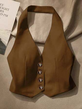 Women's Sexy Front Button Backless Halter Top, Summer