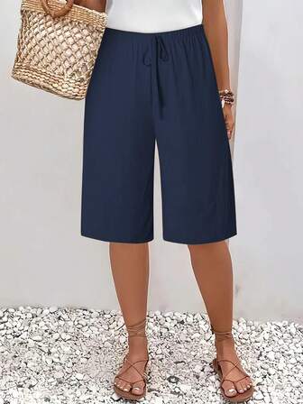 Women's Summer Solid Color Tie-Waist Straight Leg Shorts