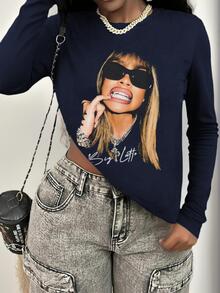 1 szt. dziewczęca luźna koszulka z nadrukiem graficznym, okrągłym dekoltem i długim rękawem, luźny krój, odzież studencka, wiosna, jesień, zima - Granatowy - Zobacz 1