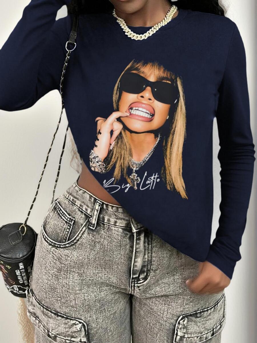 1 szt. dziewczęca luźna koszulka z nadrukiem graficznym, okrągłym dekoltem i długim rękawem, luźny krój, odzież studencka, wiosna, jesień, zima - Granatowy - Zobacz 1