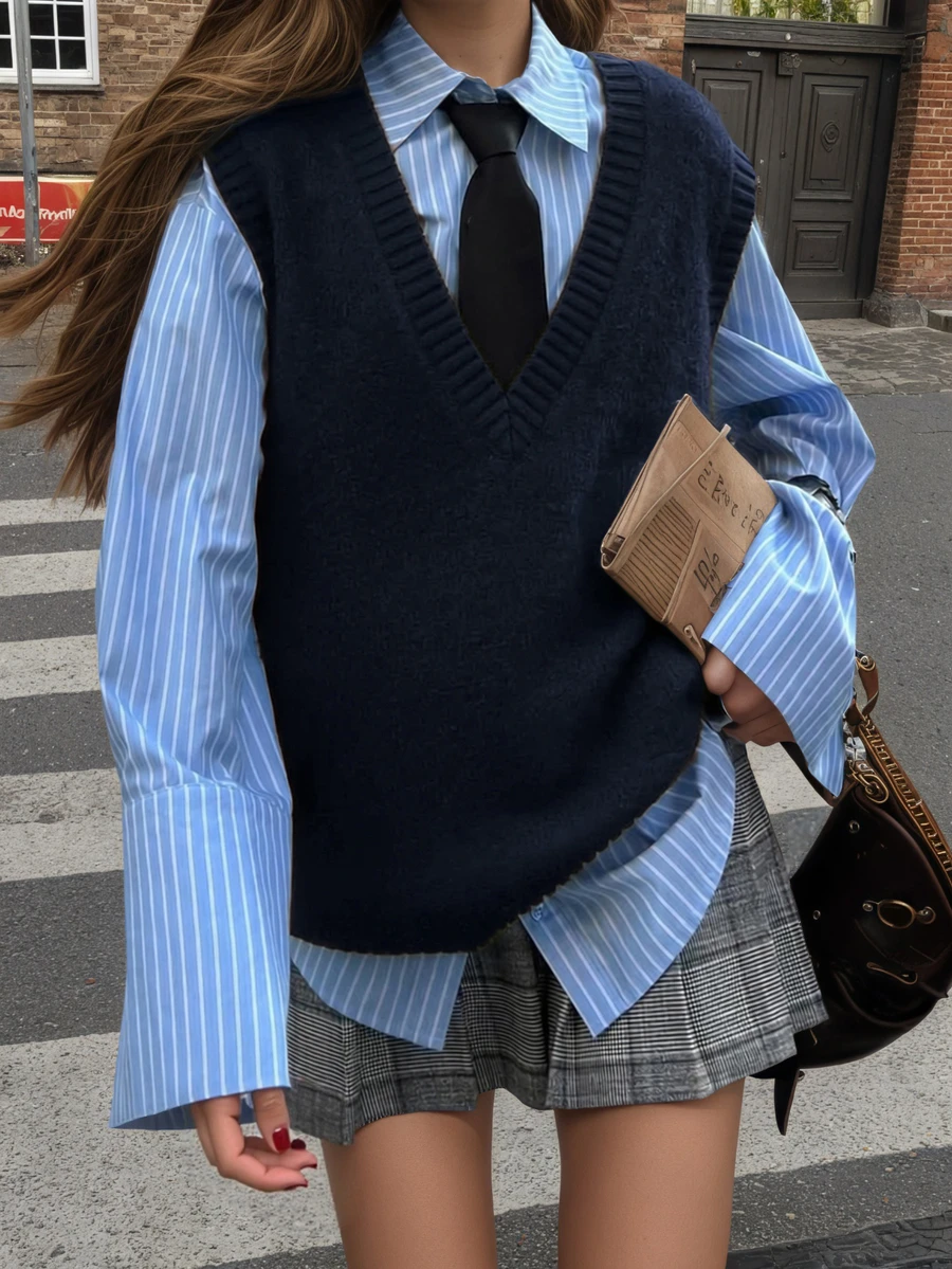 Chaleco de punto con cuello en V, minimalista, suave, de estilo académico casual para el otoño/invierno 2025. Uso diario académico retro extremadamente simple y versátil, adecuado para Navidad y Año Nuevo