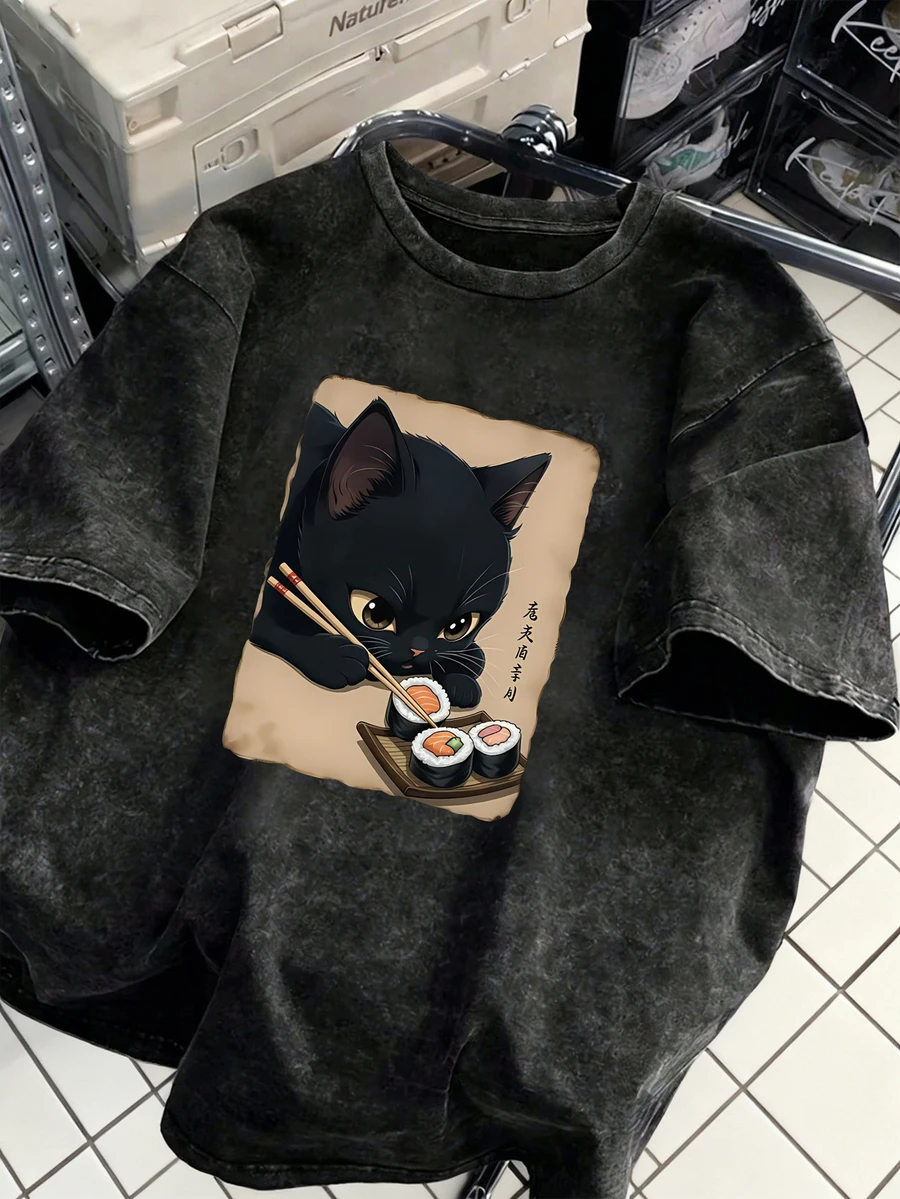 大码女式复古水洗T恤，饰有可爱猫咪印花，100%纯棉面料，短袖上衣，舒适圆领休闲款式，夏季T恤，柔软水洗面料，宽松版型