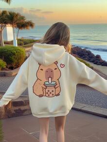 1pc Girls Casual Printed Hoodie Sweatshirt, Warm Thermal Lined Long Sleeve Pullover For Students, Vibrant & Imaginative Design, Valentine's Day - Apricot - View 1