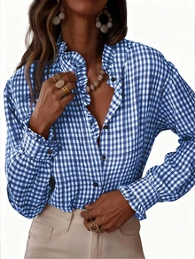女士格子荷叶边V领衬衫，纽扣长袖格子衬衫，时尚百搭，适合办公室和居家穿着，适合秋、冬、春季穿着。 - 深藍色格子 - 查看 2