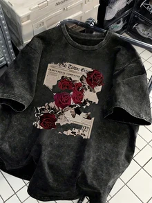 女士做旧水洗印花圆领T恤，夏季 - 黑色 - 查看 1