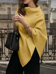 女士条纹街头休闲简约性感圆领不对称披肩镂空针织上衣短袖网眼针织衫沙滩罩衫轻薄套头披肩半蝙蝠袖宽松上衣秋季女装，圣诞新年 - 黃色 - 查看 2