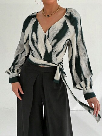 Women's Tie-Dye Wrap Blouse, Vintage V-Neck Lantern Sleeve Silk-Like Top, Side Tie Waist Elegant Casual Shirt For Art Events & Brunch