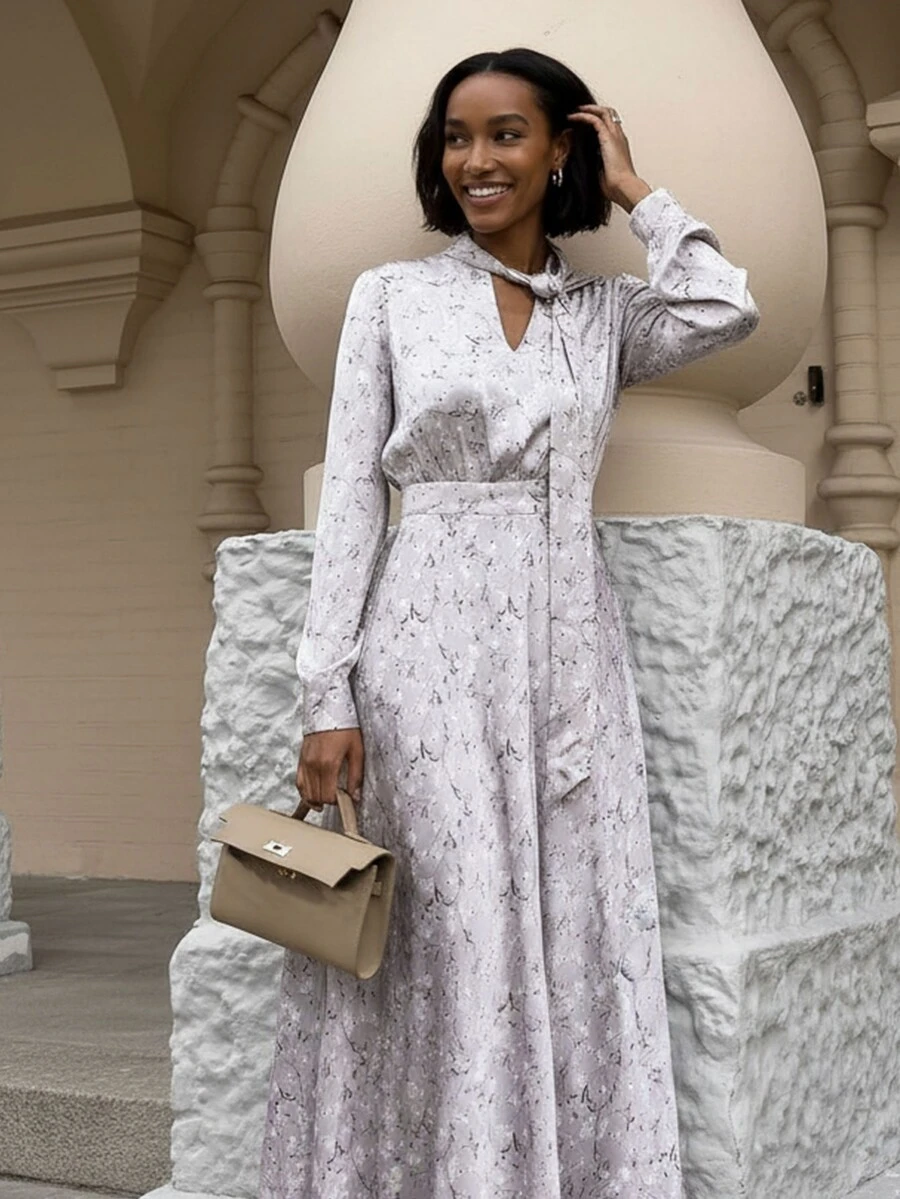 Women's Elegant Long A-Line Printed Dress, Featuring Hollow Neckline, Long Sleeves, And Flared Hem, Woven Fabric, Ideal For Parties - Multicolor - View 1