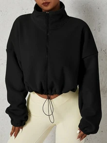 Áo khoác ngắn thời trang bằng vải nỉ dành cho nữ, áo khoác gió thể thao đường phố thường ngày với dây rút điều chỉnh ở gấu áo, thích hợp cho du lịch, tập thể dục và các lễ hội âm nhạc. - màu đen - Xem 3