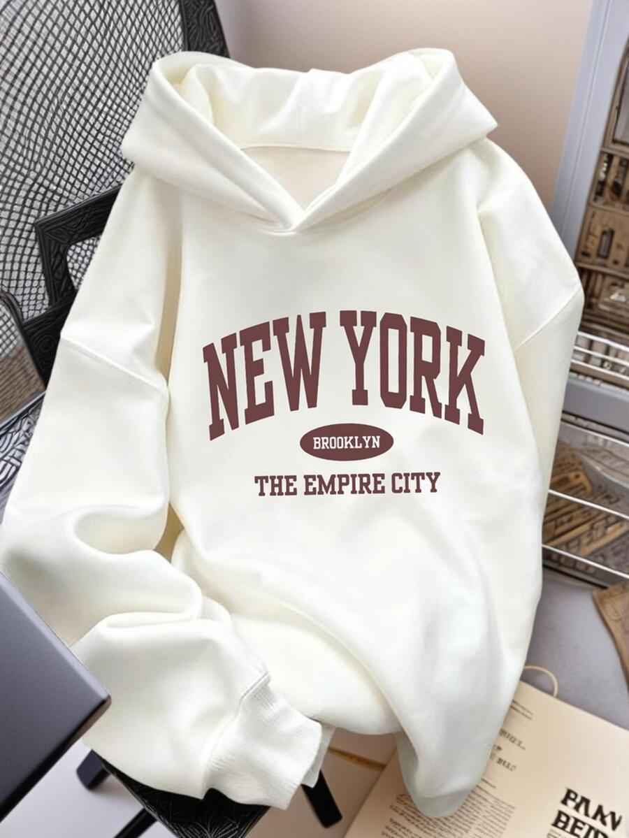 一件少女休闲印花套头卫衣，保暖内衬，适合上学、休闲、秋冬季穿着。 - 白色 - 查看 1