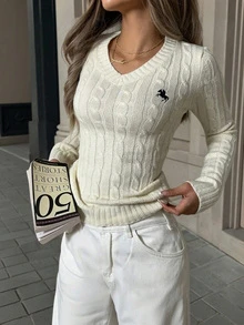 1 件女士耐用 V 领长袖简约毛衣，休闲优雅，长袖上衣，白色，适合秋冬季 - 白色 - 查看 1