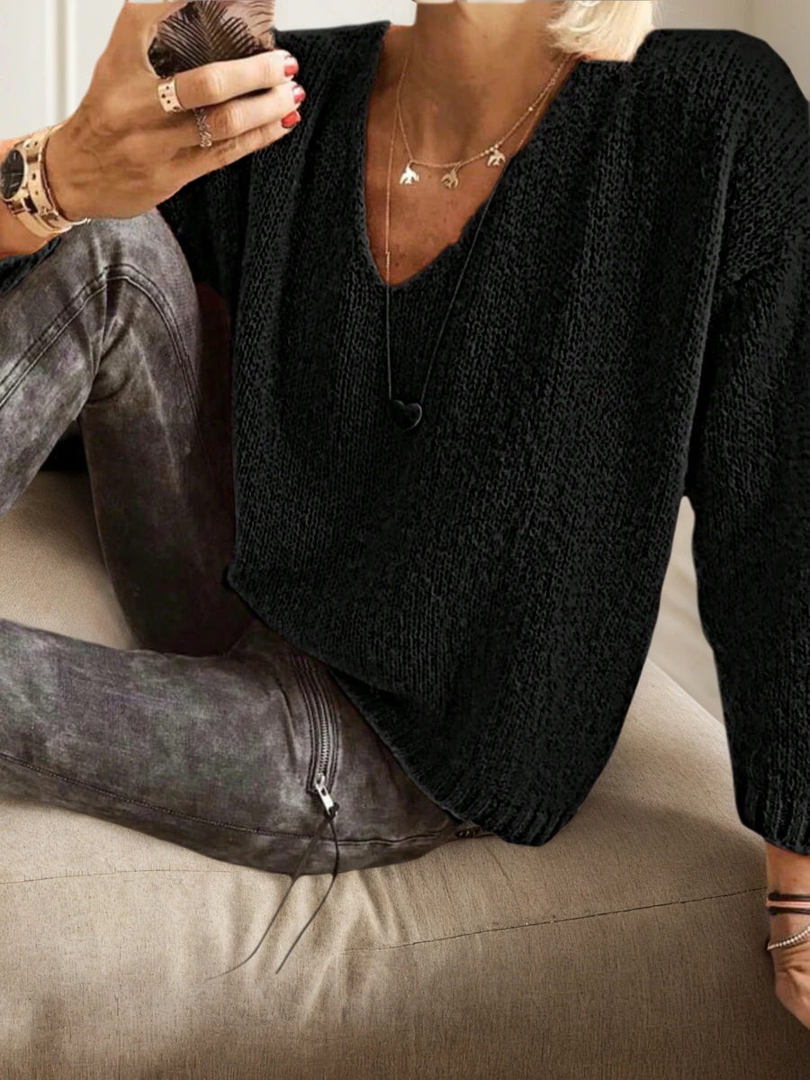 Boże Narodzenie Nowy Rok/Minimalistyczny jednolity kolor, luźny krój, wyszczuplający sweter typu pullover, jesień/zima, Boże Narodzenie Nowy Rok - Czarne - Zobacz 1
