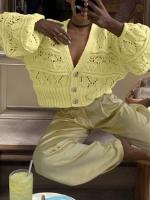 Cárdigan de mujer con cuello en V, manga larga, de tela semitransparente con estiramiento medio, suéter de punto trenzado de longitud regular