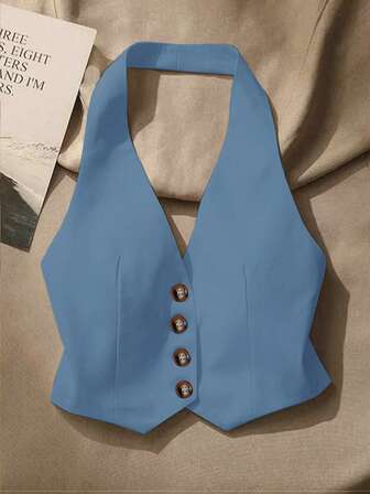 Women's Elegant Elegant Simple Solid Color Button Backless Halter Top, Summer