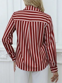 Áo sơ mi dài tay kẻ sọc thường ngày dành cho nữ có cổ và nút cài, dáng ôm vừa vặn cho mùa xuân và mùa thu - Áo thời trang nữ trưởng thành | Áo cánh họa tiết sọc | Áo sơ mi cài nút dễ thương - Đỏ - Xem 2