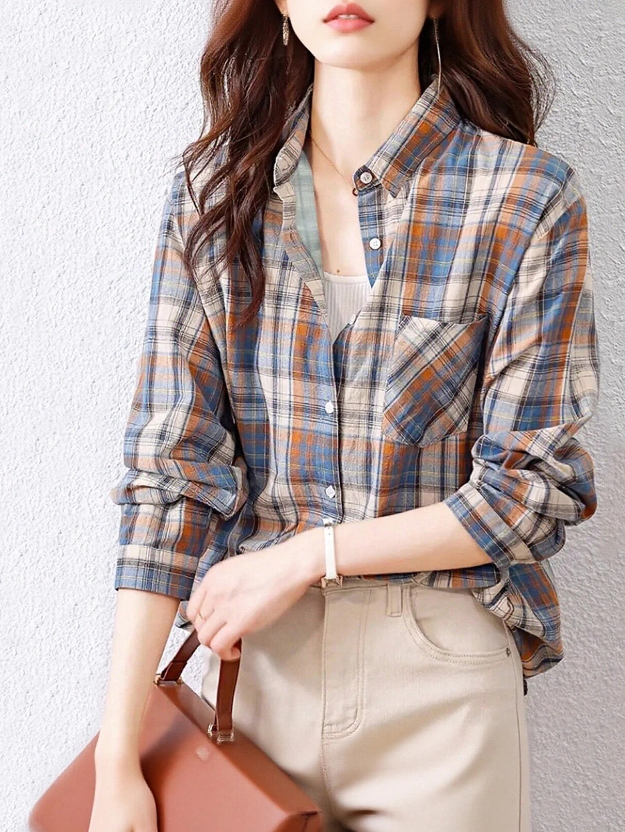 Women's Spring & Autumn Long Sleeve Plaid Printed Pocket Lapel Collar Blouse - Multicolor - View 1