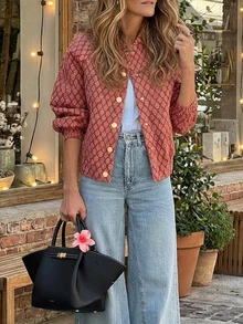 Red Floral Pattern Light Button Decor Stand Collar Long Sleeve Short Jacket | Women's Christmas Casual Outerwear