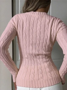 1件女士V领长袖简约毛衣，休闲优雅，长袖上衣，白色，适合秋冬季穿着，粉色 - 粉色 - 查看 2