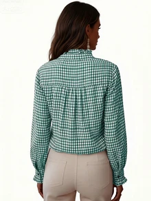 Women's Plaid Ruffle Detail V-Neck Blouse, Button-Down Long Sleeve Shirt With Checkered Pattern, Chic Office & Home Top For Fall Winter Spring​ - Green Plaid - View 3