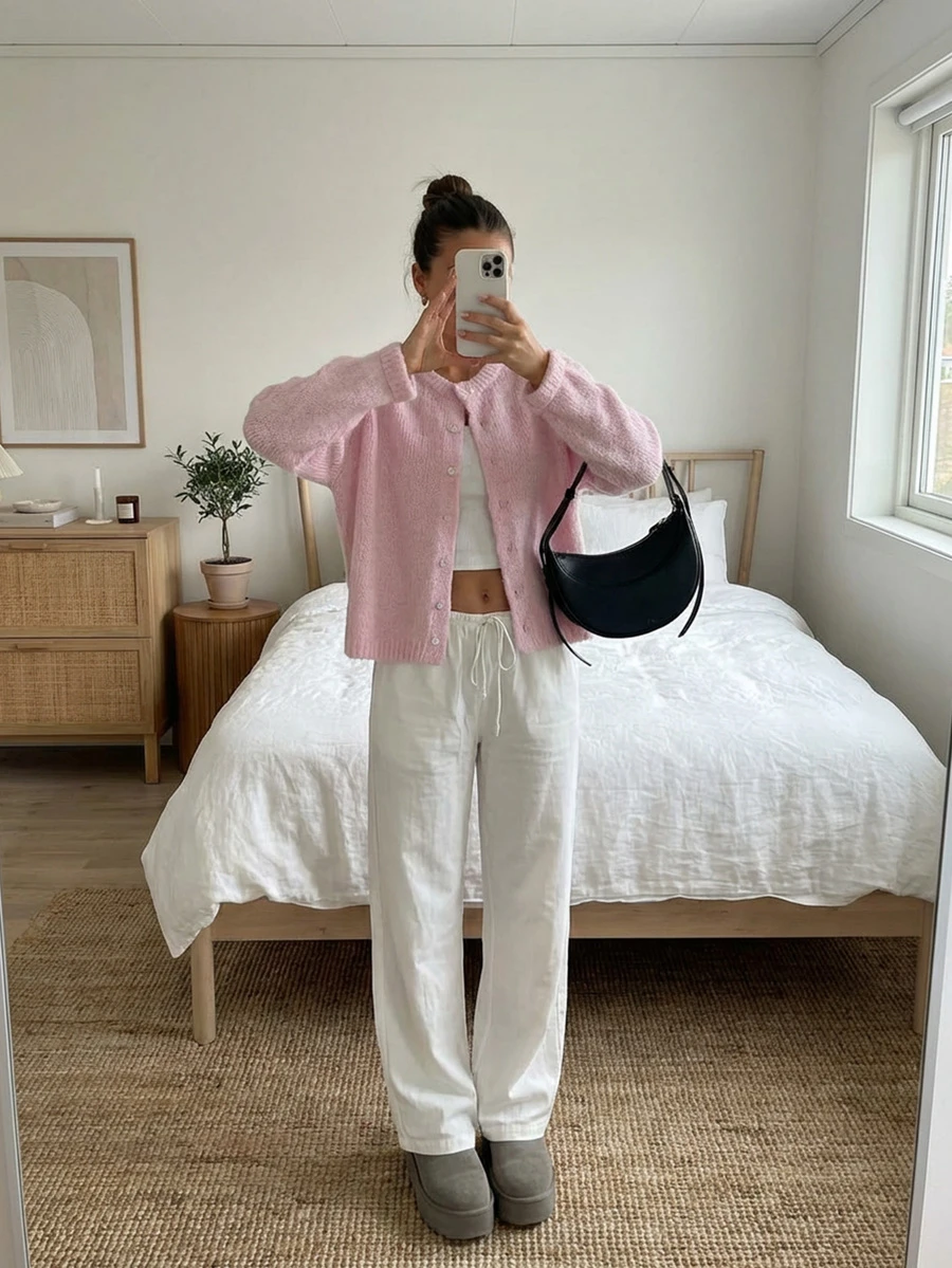 SOOKAUG Gemütlicher, süßer, jugendlicher rosa Strickjacken-Cardigan für Frauen, locker sitzende, vielseitige, weiche Strickoberteil, Herbst/Winter