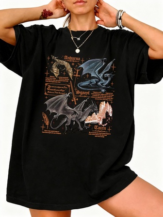 Women's Summer Fourth Pteranodon Graphic Printed Round Neck Short Sleeve Simple Casual Daily T-Shirt Top, Tairn & Andarna Women's Top, Basgiath War Academy Women's Summer Clothing, Dragon Knight Summer Top