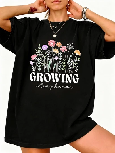 Women's Summer Pregnancy Little People Graphic Printed Round Neck Short Sleeve Simple Casual Daily T-Shirt Top, Pregnancy Announcement Women's Top, Spring Flower Baby Maternity Women's Summer Clothing, Fun Mom Summer Top