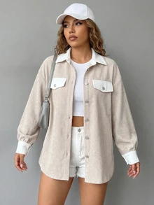 Women's Casual Contrast Color Button Front Corduroy Shacket, Minimalist Collegiate Style For Commute And Daily Wear, Long Sleeve Autumn/Winter Outerwear - Apricot - View 3