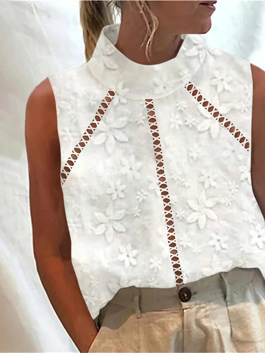 Women's Solid Color Embroidery Mock Neck Sleeveless Loose Lace Trim Blouse