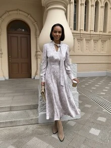 Women's Elegant Long A-Line Printed Dress, Featuring Hollow Neckline, Long Sleeves, And Flared Hem, Woven Fabric, Ideal For Parties - Multicolor - View 2