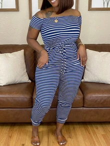 女士条纹露肩短袖系腰休闲连体裤 夏季优雅 - 藍白色 - 查看 1