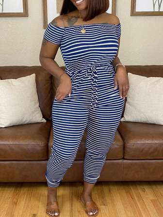 Women's Striped Off Shoulder Short Sleeve Tie-Waist Casual Jumpsuit