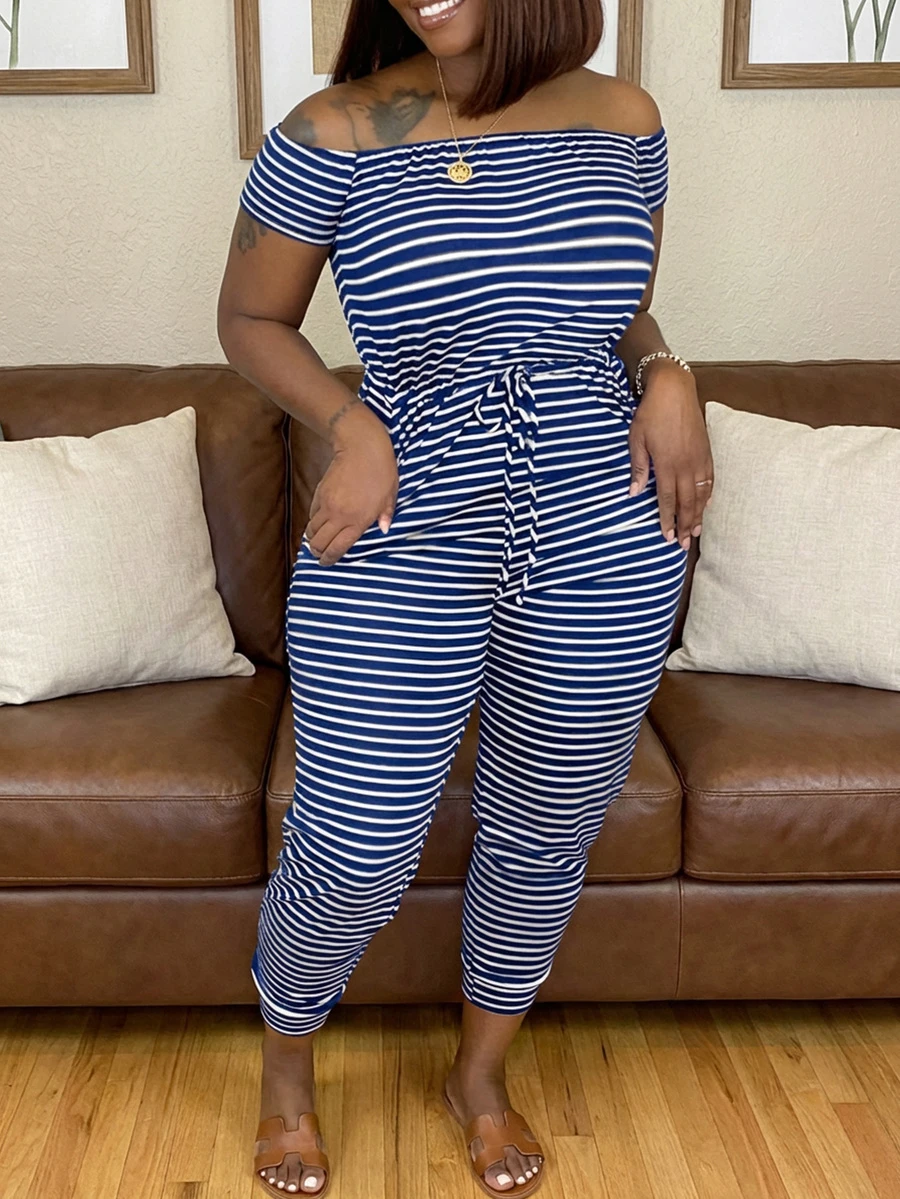 女士条纹露肩短袖系腰休闲连体裤 夏季优雅 - 藍白色 - 查看 1