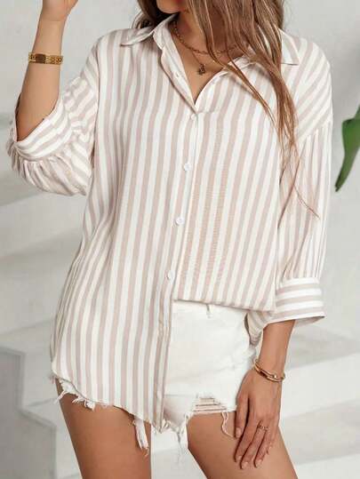 AuroraSilk Women's Striped Button Front Drop Shoulder Blouse, Casual Short Sleeve Shirt, Suitable For Spring, Summer, Autumn, Party Wear