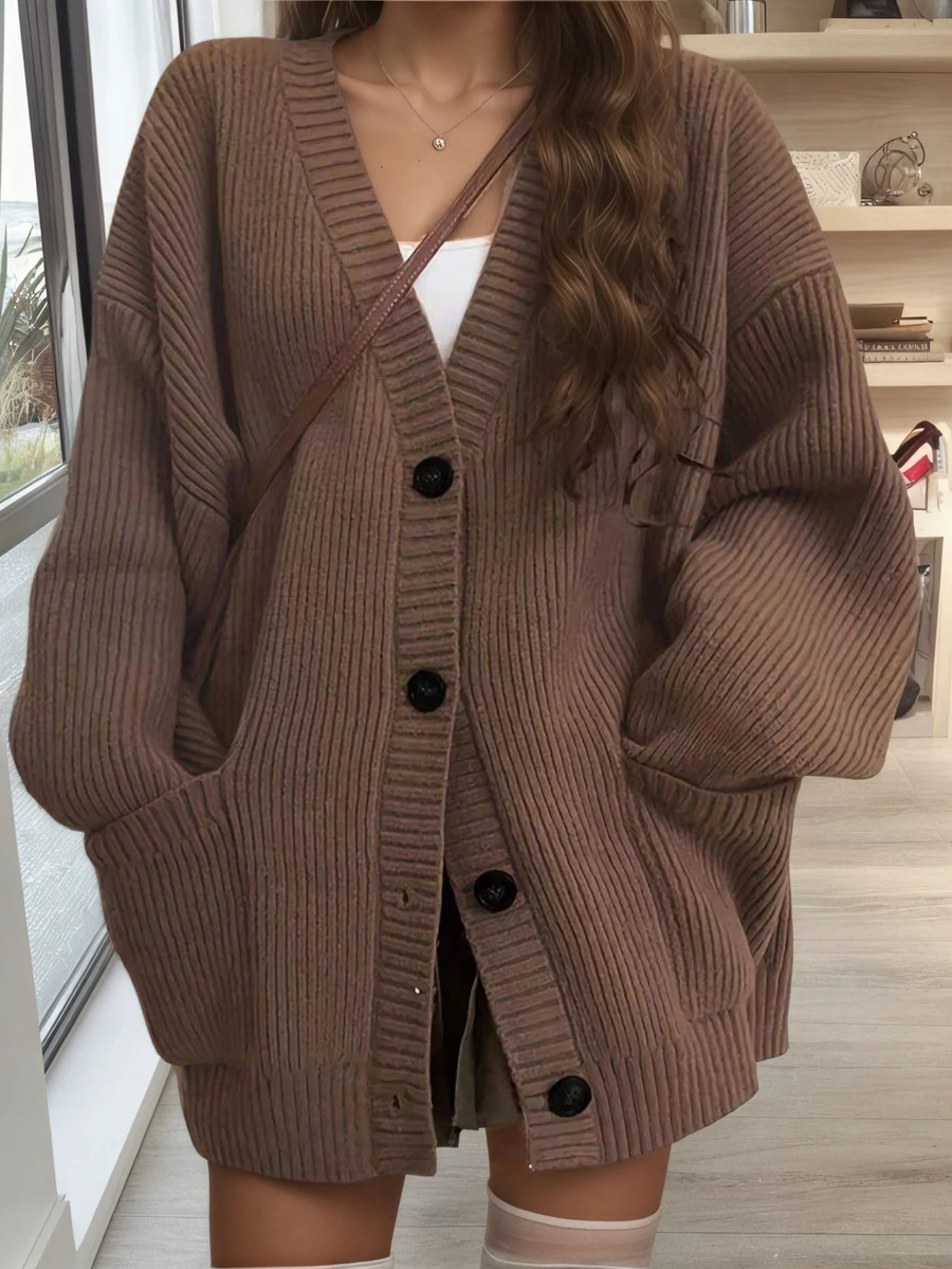 女士时尚针织开衫毛衣，秋冬新品，圣诞新年 - 棕色 - 查看 1
