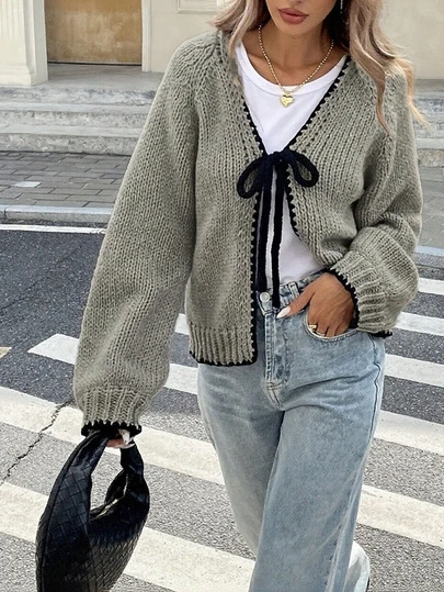 Women's Cardigan Sweater, Casual Minimalist Knotted Tie Waist, Suitable For Autumn/Winter