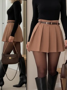 Váy xếp ly phía trước dành cho nữ, kiểu dáng thường ngày, có quần short bên trong, kèm thắt lưng khóa kim loại, đa năng cho mọi mùa hè. - màu nâu - Xem 7