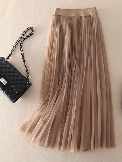 LuminousWealth Elegant Plisserad Meshkjol i A-linjeform för Damer, Lämplig för Vardags- eller Kontorskläder, Minimalistisk & Graciös | Polyester Meshkjol, Lämplig För Alla Säsonger, Perfekt För Nyår, Fester